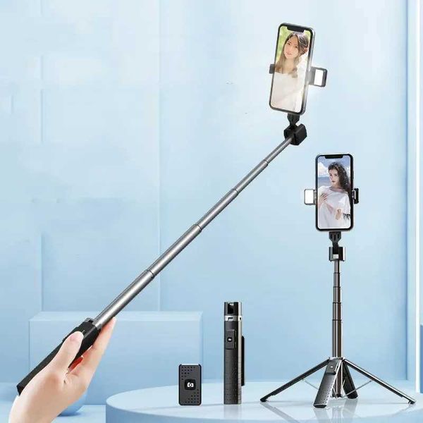 Upgraded Foldable Extended Wireless Selfie Stick Quadrupod with Double Fill Light Mobile Phone Holders StandsT250109