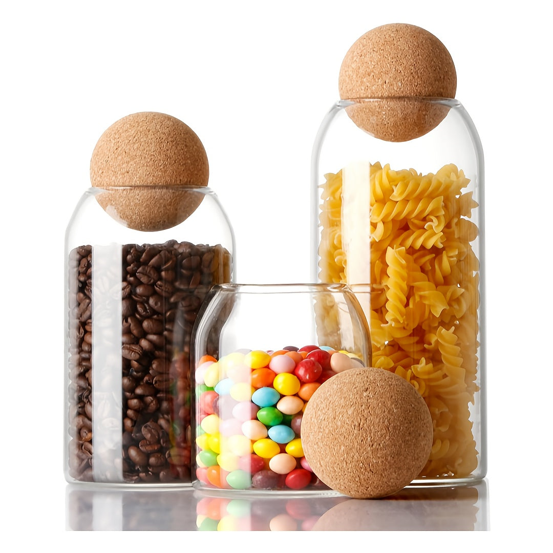 TEMU 3pcs Glass Storage Container With Ball Cork Stopper, 17 Oz-500ml Glass Jar, Used For Storing Food, Coffee, Sugar, Spices, Tea