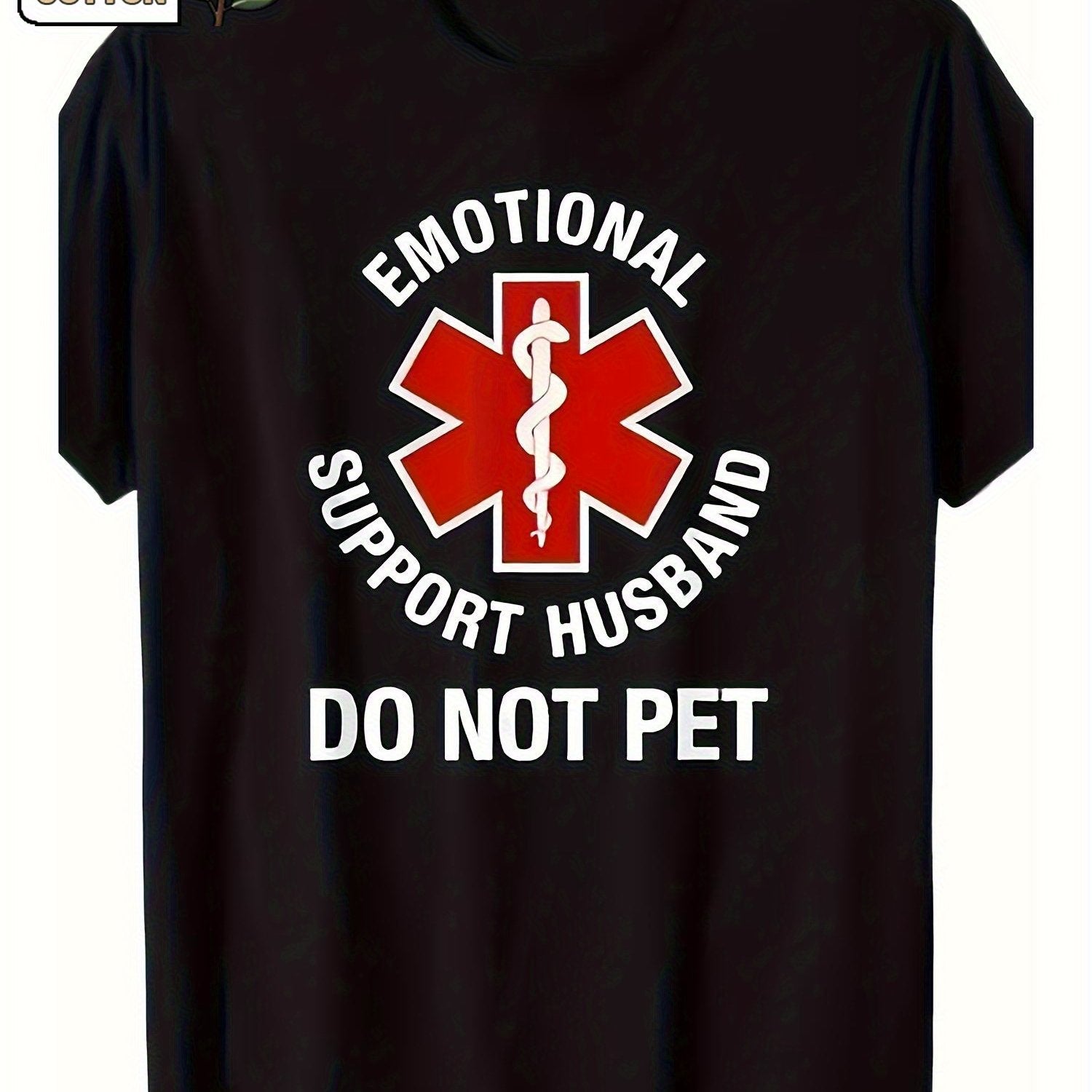TEMU Funny 'don' My Emotional Support Husband' Graphic T-shirt For Men - 100% Cotton Casual Crew Neck Short Sleeve Tee With White Text & Red- Of -