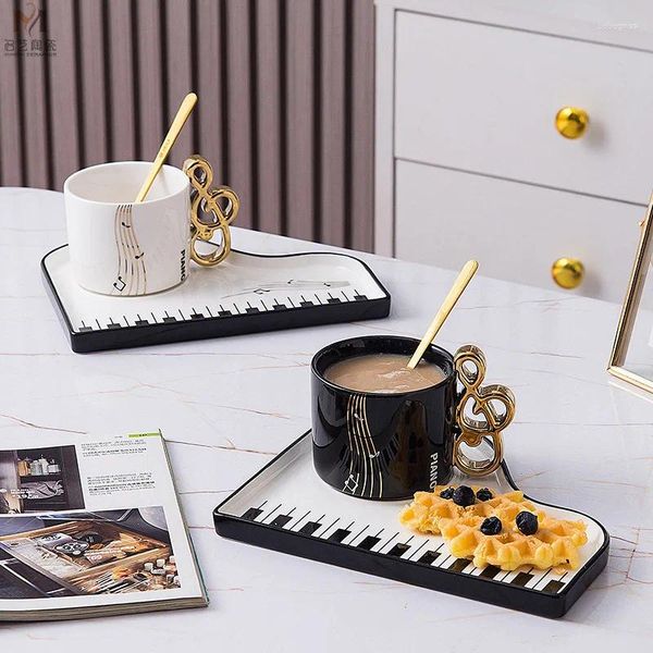 Mugs 200ML Scandinavian Creative Piano Black And White Keys Ceramic Coffee Cup Saucer Set Exquisite Mug For Home Use