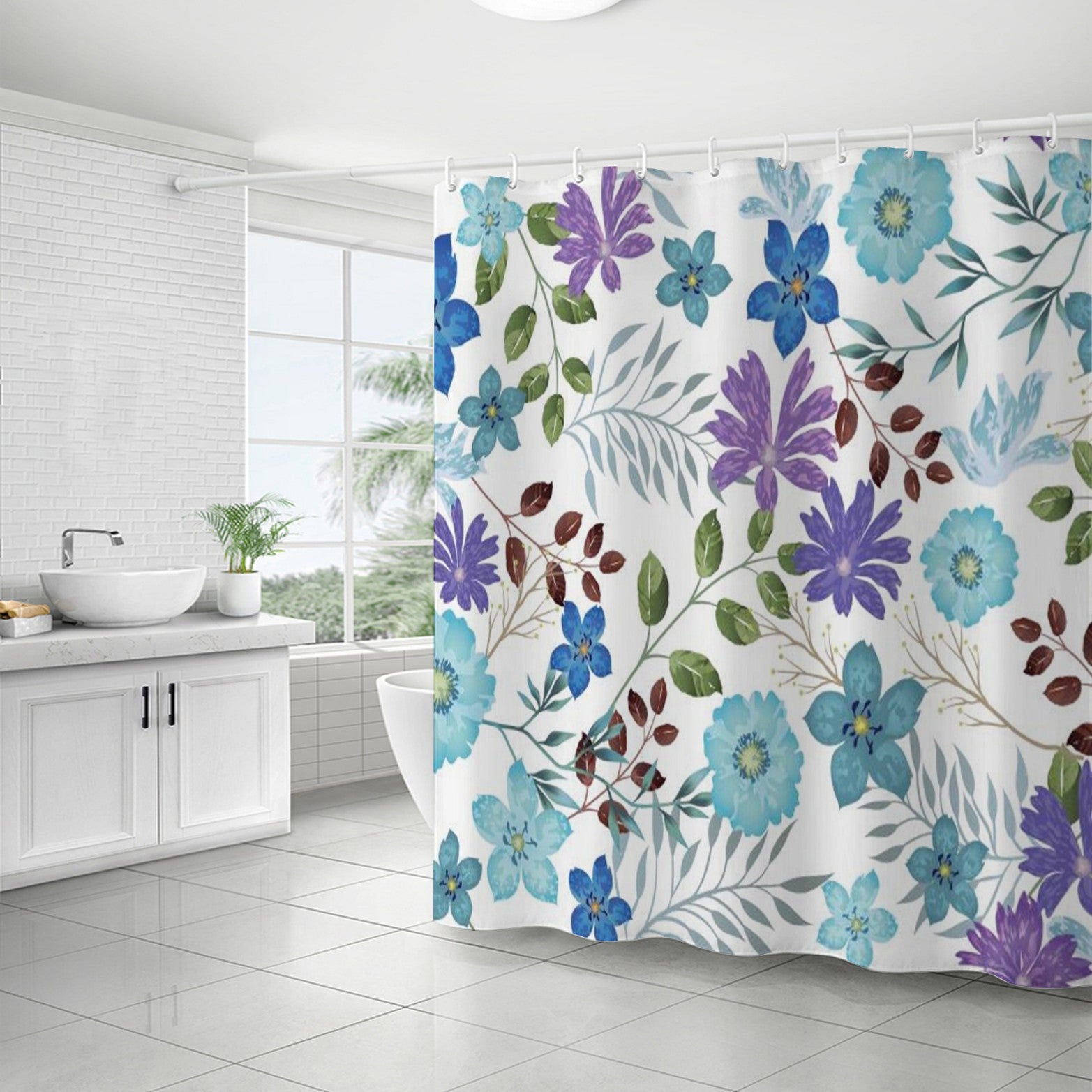 YL-37264 Waterproof Shower Curtain 3D Printed Tropical Jungle Plant Leaves and Flowers Season Polyester Shower Curtain with Hook