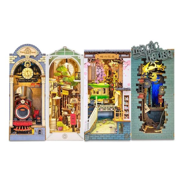 Robotime Rolife Book Nook Diy Dollouse Furniture 4 Kids Bookends Model Kit com luzes LED para decoração de inserção de estantes 241211