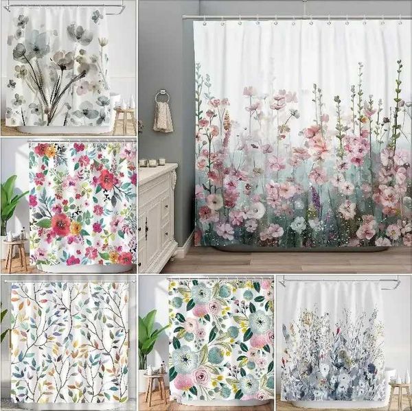 Colorful Flower Dhower Curtain Watercolor Floral Romantic Wildflower Plants Nature Scenery Girl Pink Flower Bathroom Decoration M240824