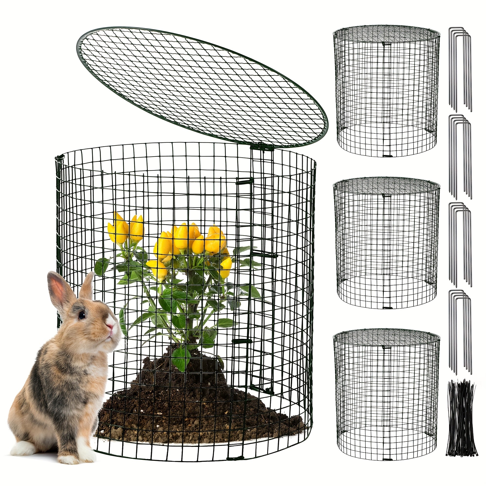 TEMU 4 Set Garden Plant Protectors From Animals With Stakes, Metal Mesh And Detachable Covers Wire Plant Cage For Keeping Bunny Animals Out, Chicken