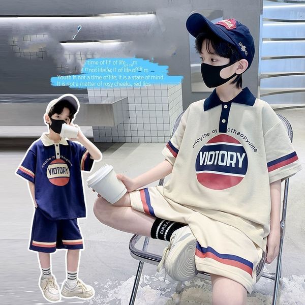 Clothing Sets Korean Children&#039;s Clothing Kid Boy Short Sleeve Tshirts and Shorts Set Turn Down Collar Top Pant 2Pcs Outfits Loungewear