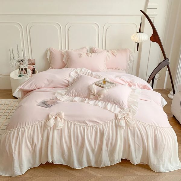 sets Bedding Pink Romantic French Princess Wedding Lace Ruffles Bow Set Soft Cozy Single Queen King Duvet Cover Bed Sheet Pillowcase 231026