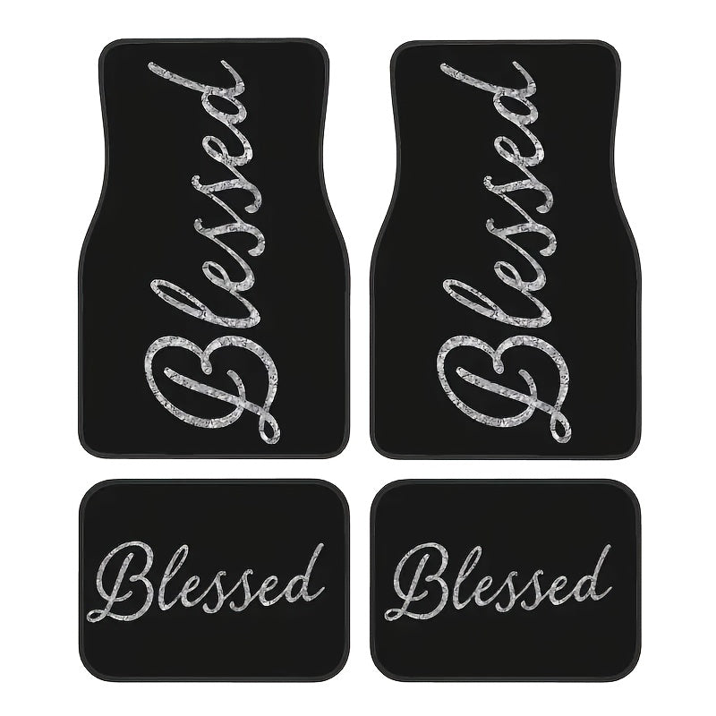 TEMU 4pcs Blessed English Pattern Car Floor Mats Set - Durable And Easy-to-clean Polyester Material, Suitable For All Models - Stylish Minimalist