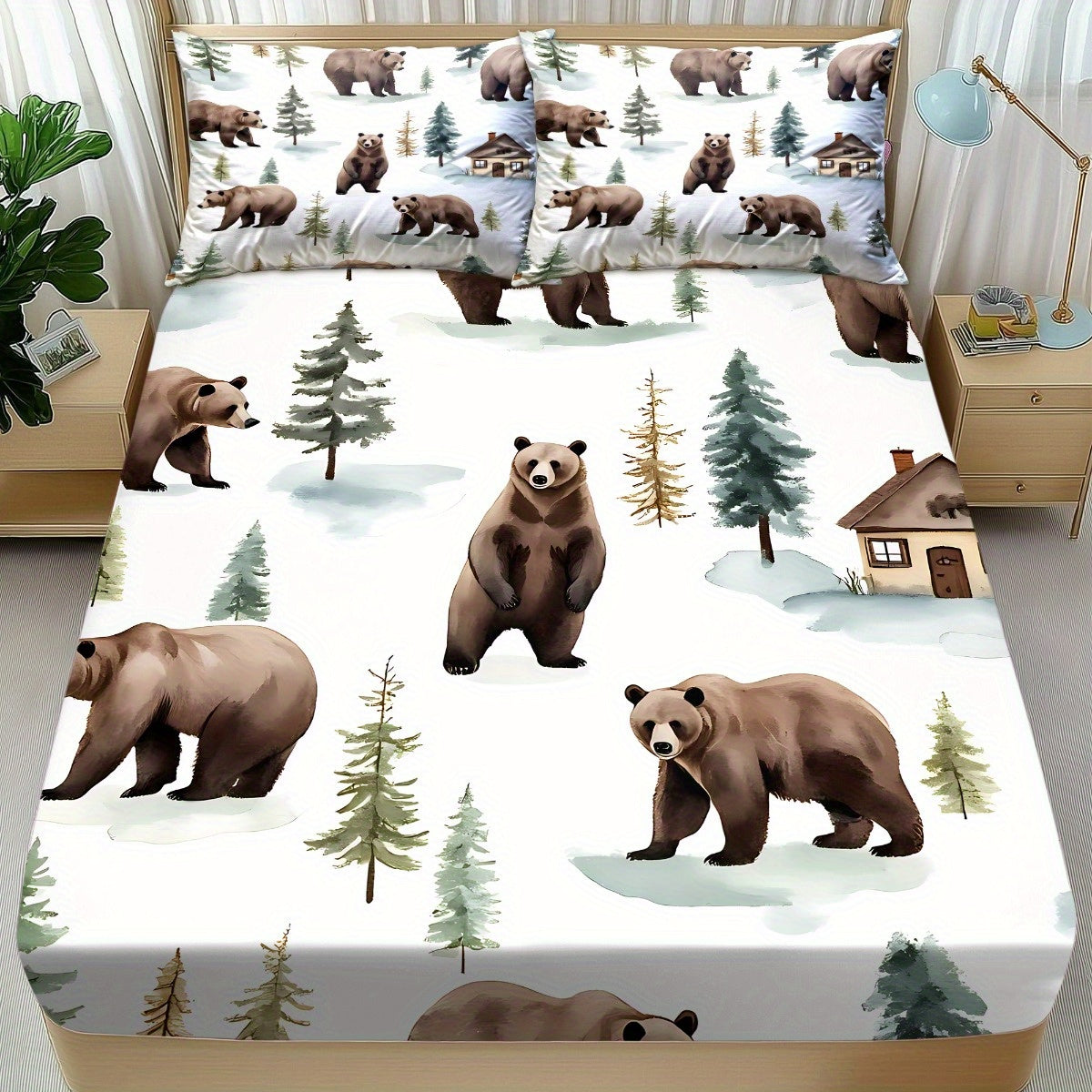 TEMU Soft Bear Bedding Set 3pcs - Cozy Fitted Sheet And Pillowcases With Cute Cartoon Bear Print, Lightweight Breathable Animal Pattern Bedding Set
