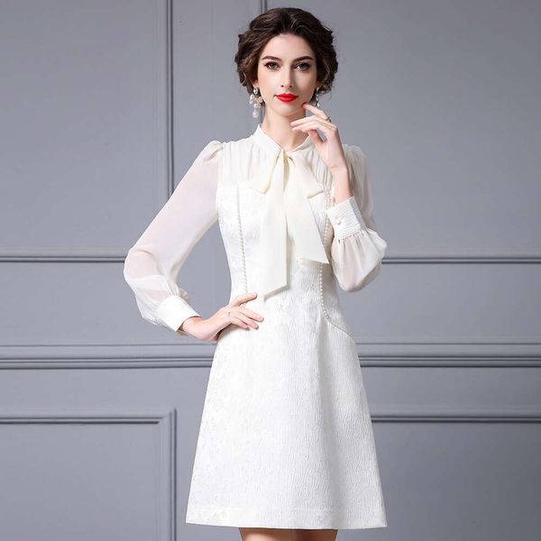 High-end Elegant Temperament Heavy Industry Nail Bead High Waist Slimming Ribbon Collar Long Sleeved Dress 2024 Autumn New Item Pregnant Wom