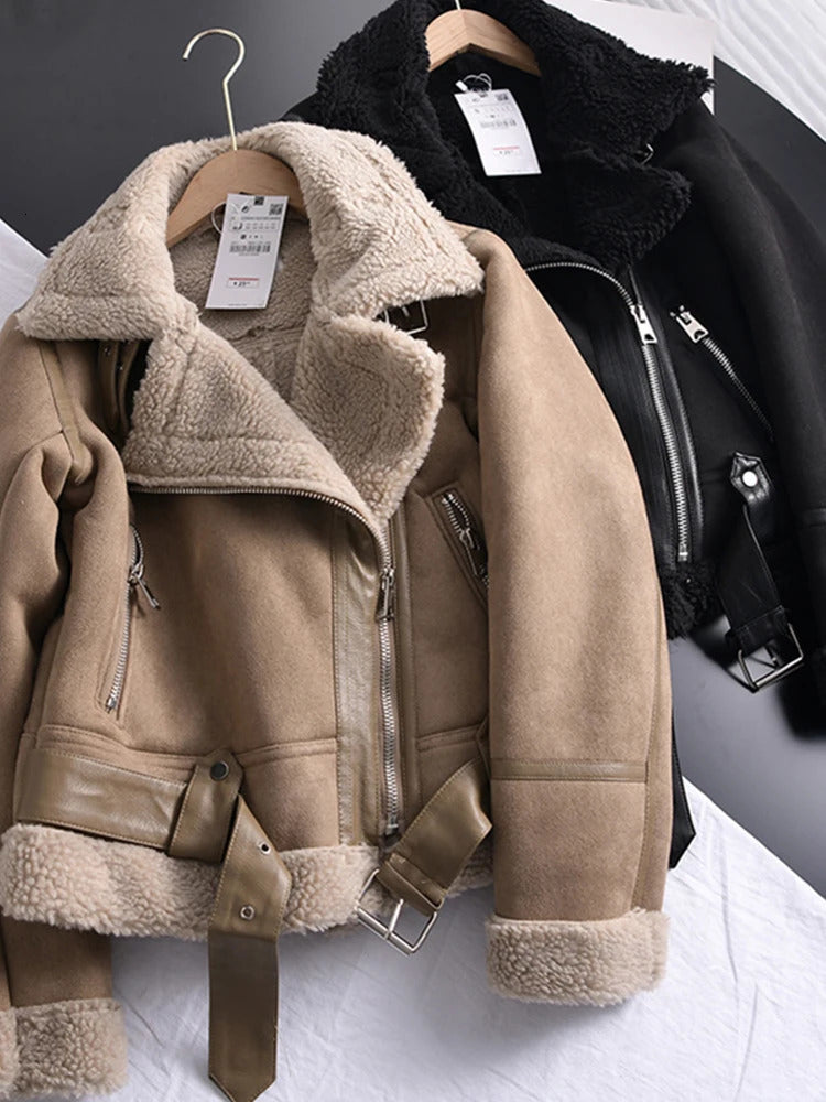 Ailegogo Winter Women Thick Warm Suede Lamb Jacket Short Motorcycle Brown Coats Faux Shearling Sheepskin Leather Jackets Outwear 241028