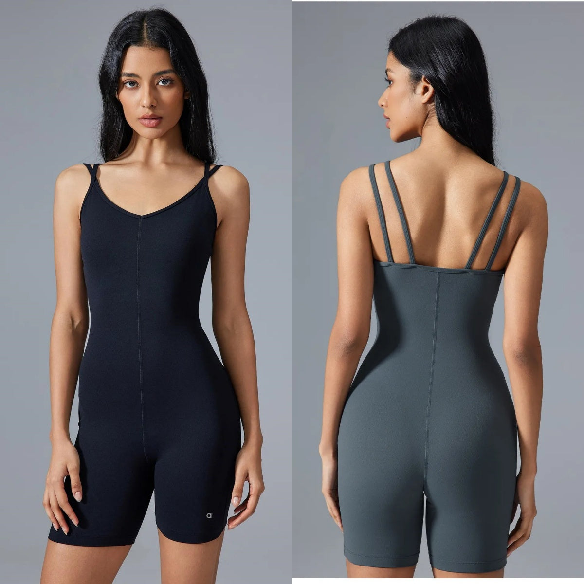 A1092 V-tie Chest Pad Sports Jumpsuit Womens Summer Fitness Riding Jumpsuit Yoga Shorts