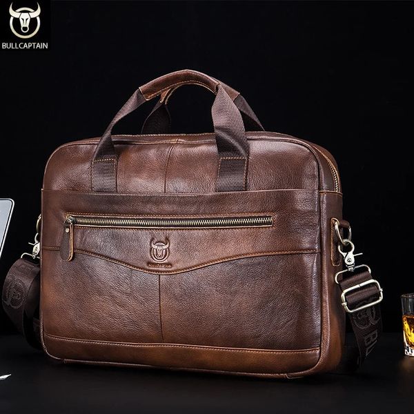 BULLCAPTAIN Briefcase Shoulder Messenger Bags Mens Genuine Leather 14-inch Laptop Bags Mens Briefcase Office Business Handbag250208
