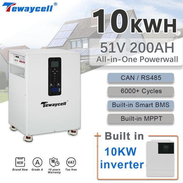 Tewaycell 10KWH All in One System 51.2V 200AH Lithium Iron Phosphate Battery Built-in-10KW Inverter Powerwall CAN RS485 Monitor