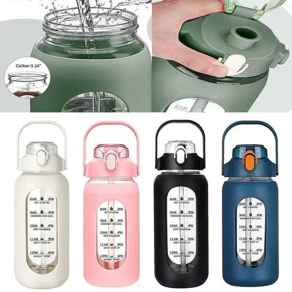 2024 New 946ml-1656ml-1892ml Glass Bott With Silicone Straw Seve And Time Marker Cam Home Office Gym Glass Water BottXJ241126
