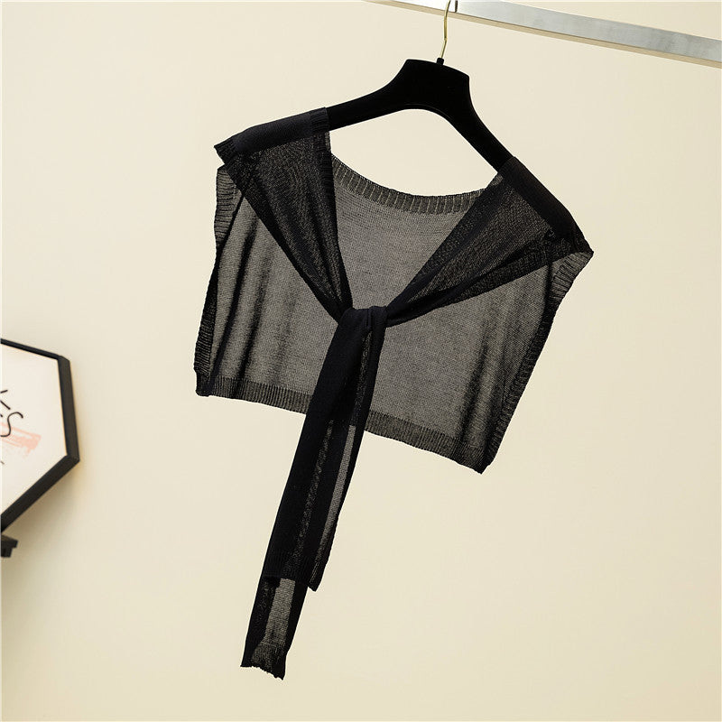 K379 Shawl outerwear decoration summer sun protection ice silk solid color thin knitted air conditioning shawl knotted scarf small waistcoat