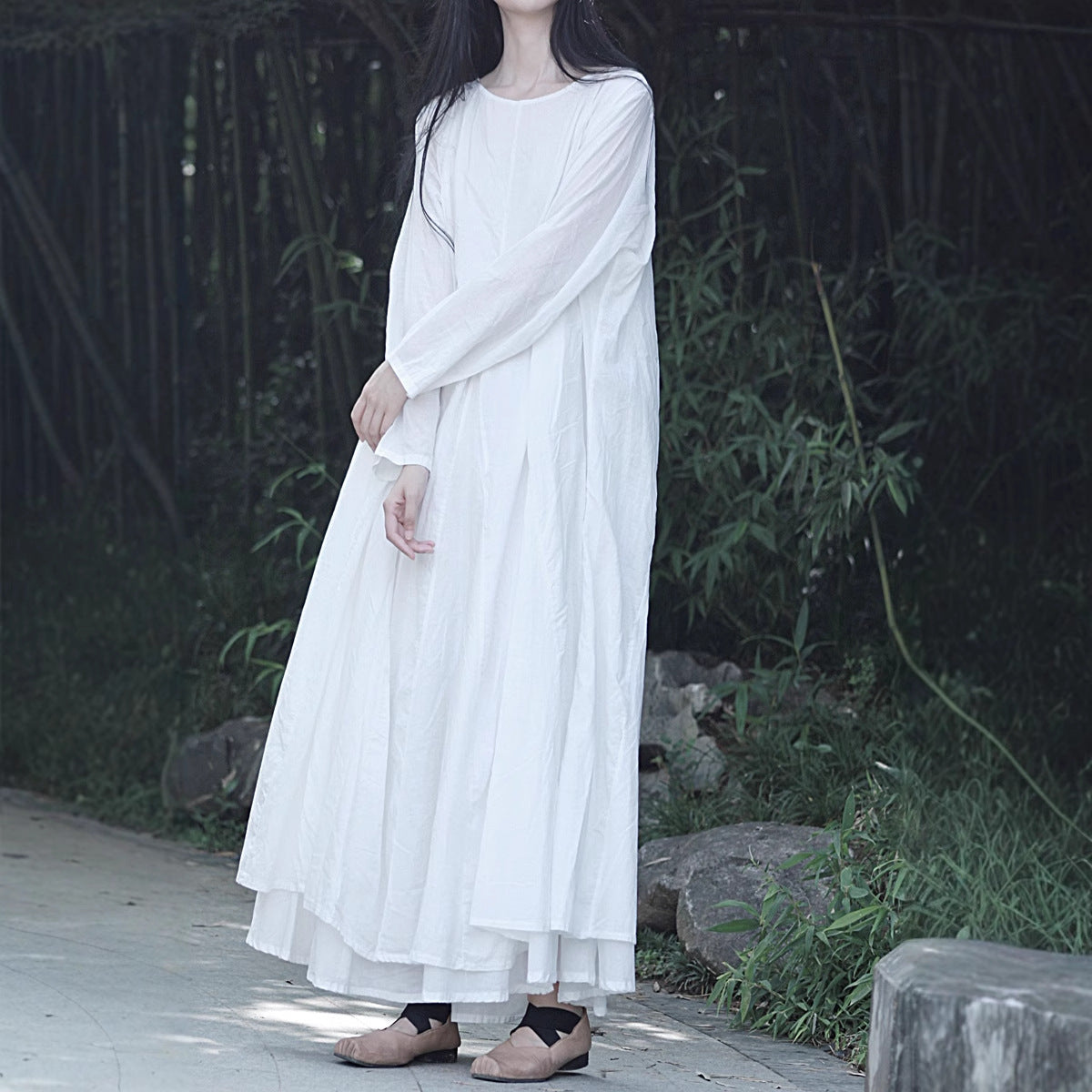 (237) Dark and cool style design sense cotton double layer long sleeve wide swing dress