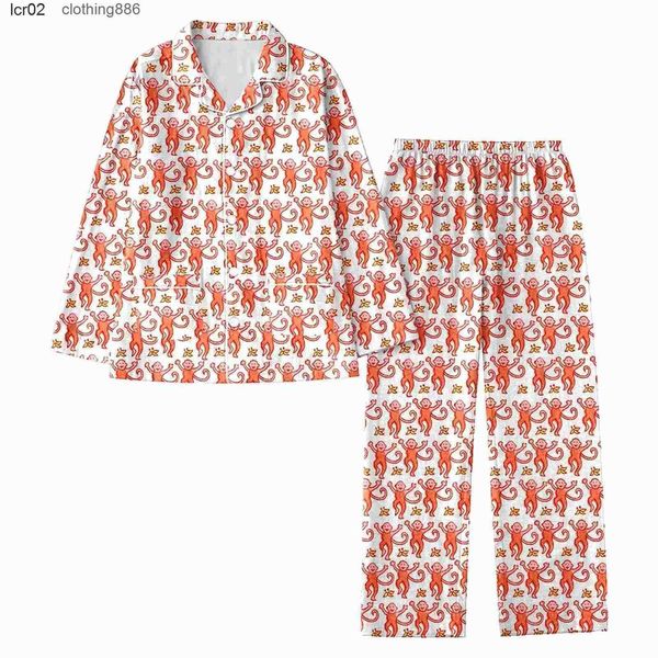 Womens Sleepwear 2-piece Pajama Set Casual Cute Roller Rabbit Print Long Slip Shirt+pants Lapel Womens A5