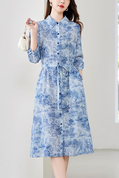 skirts for women Ink wash style silk lace up dress, mulberry silk light luxury printed shirt collar dress