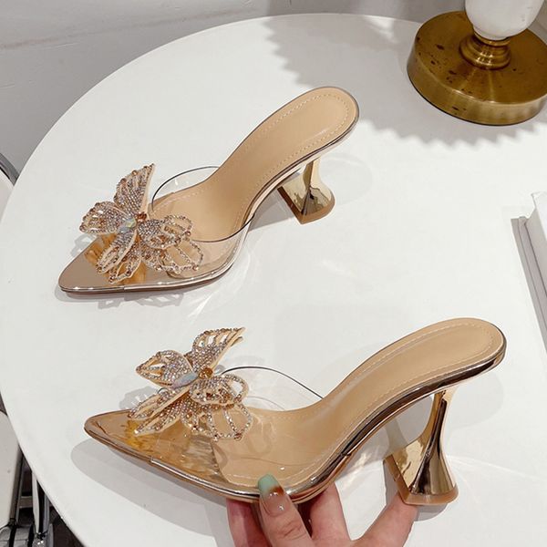 Liyke 2024 Summer Strange High Salpistas Selppers Sexy Mulher Crystal Bowknot Ponto Ponto Dress Shoes PVC Sandals transparentes DH910320090