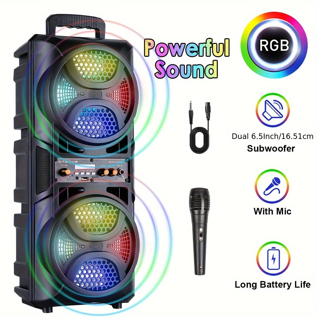 TEMU Dual 6.5" Woofer Portable Wireless Subwoofer Heavy Bass Sound Stereo Pa System Karaoke Aux Lights Fm With Microphone, Car Stereo Receivers Usb