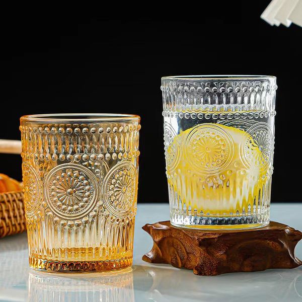 wholesale Vintage Drinking Glasses Romantic Water Glasses Embossed Romantic Glass Tumbler for Juice Beverages Beer Cocktail 010211