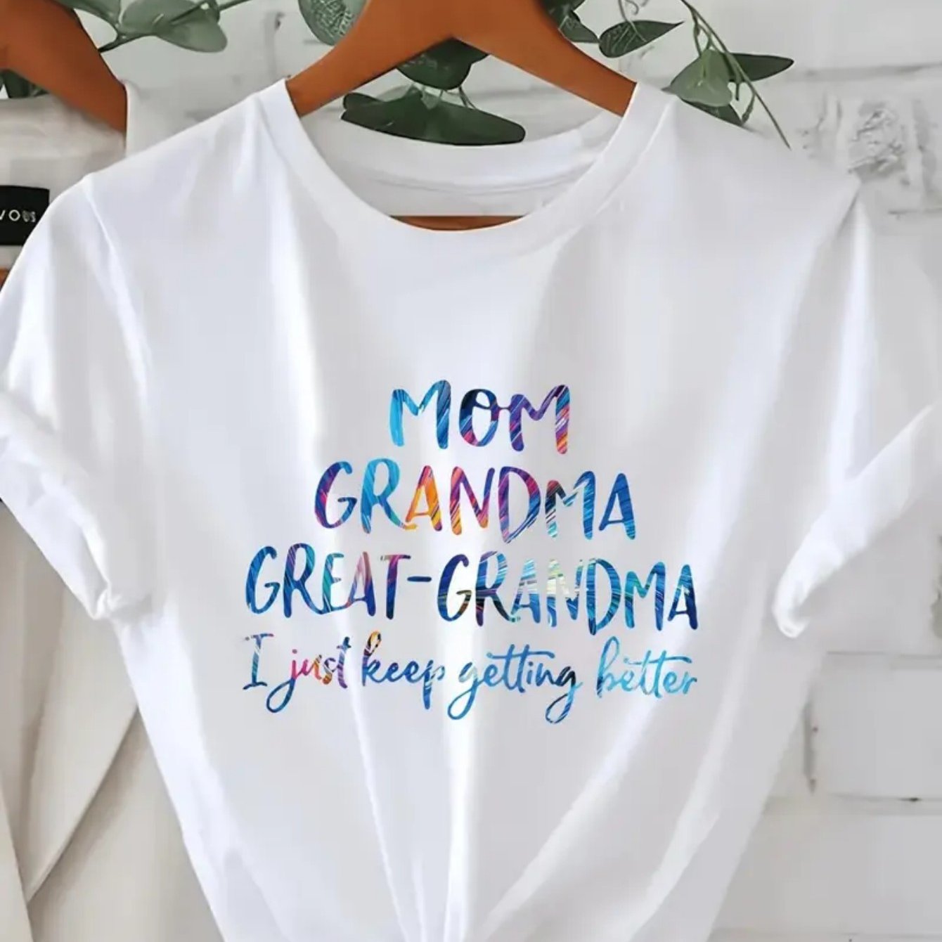 TEMU Women's 100% Cotton Graphic T-shirt - "mom Grandma Great-grandma I Just Keep " Colorful Letter Print, Round Neck Short Sleeve Casual Top For
