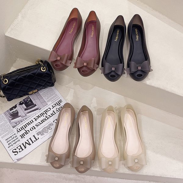 Peep Toe Bowknot jelly shoes woman flat heel summer plastic flats anti-slip transparent PVC loafers waterproof jelly flats women