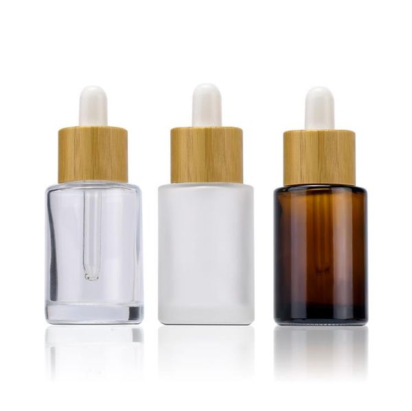 Flat Shoulder Glass Essential Oil Perfume Bottles Transparent Amber Frosted 30ml 1oz Eye Dropper Bottle with Bamboo Cap SN238