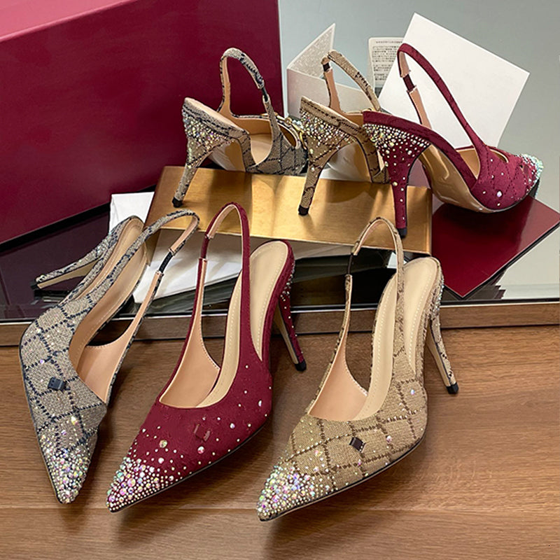 Designer Crystals High Heels Leather Sandals Womens Slingback Shoes Heel 8.5cm Summer Party Dress Shoes 688