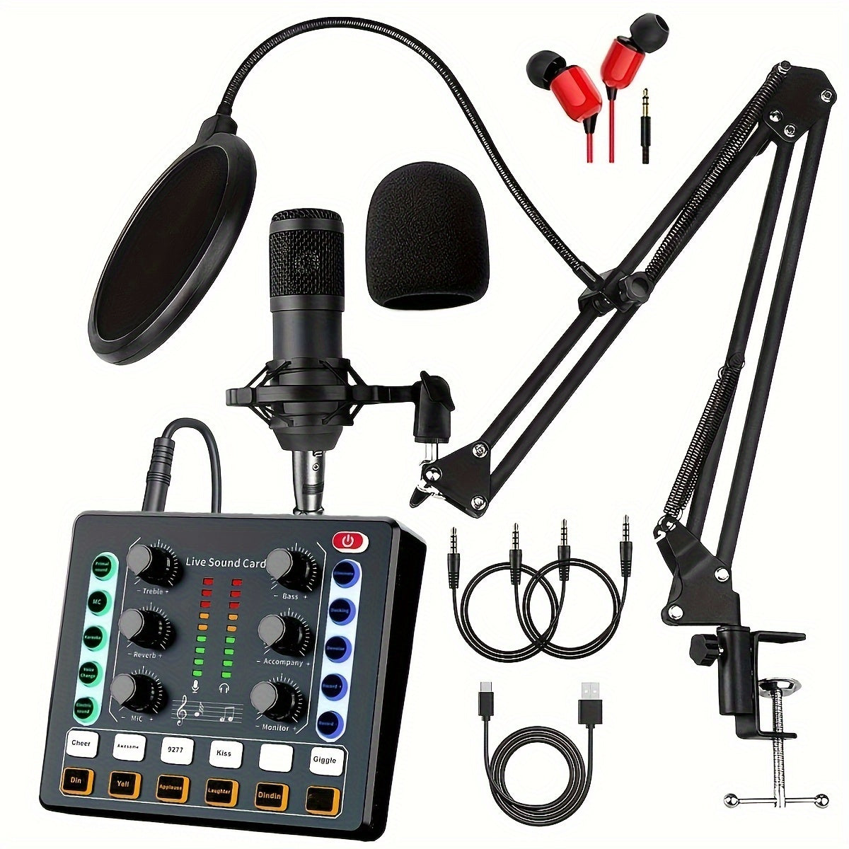 TEMU Podcast Equipment Bundle, Wired Microphone With Podcast Microphone And V8 Sound Card, Voice Changer - Audio Interface - Recording, Singing,