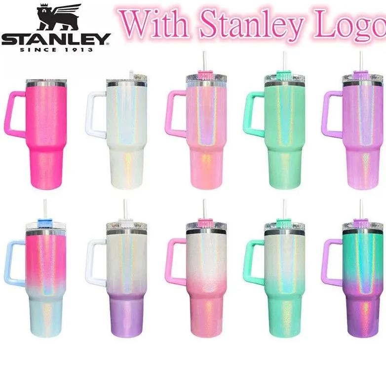 With Logo Stanley 40oz Mug Tumbler With Handle Insulated Gradient GlitterTumblers Lids Straw Stainless Steel Coffee Termos Cups Outdoor NEW