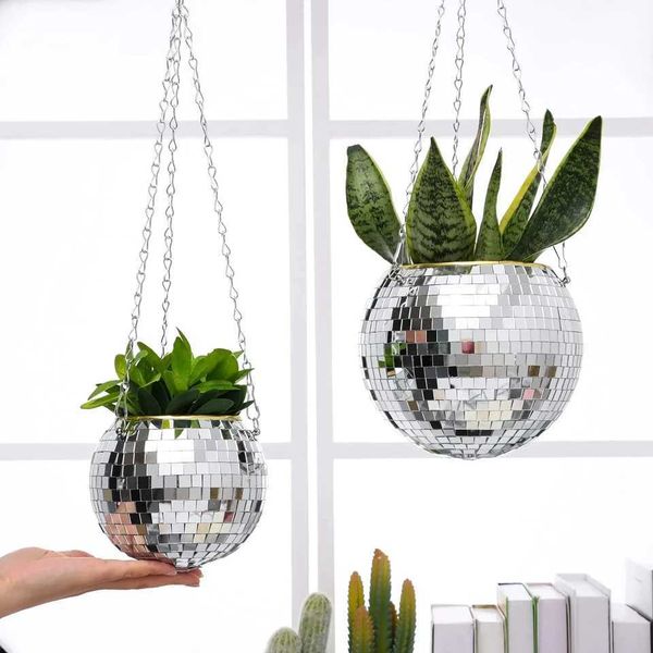 10Cm Disco Ball Hanging Flower Pot Indoor Plants Bohen Style Flower Planter Decor Vase Pots Rope Mirror Hanging Basket Garden Y250120