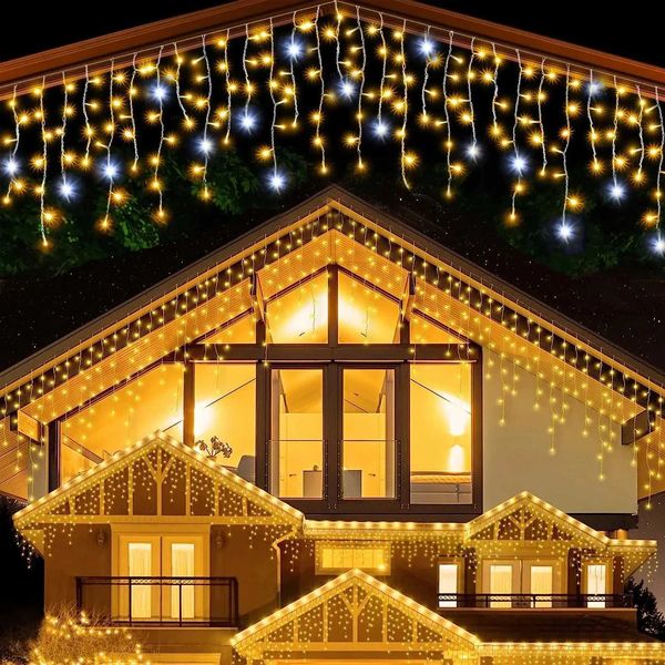 Christmas Decorations Festoon Led Icicle Curtain Lights Outdoor Warm White With White Flash Fairy Light Clear Wire New Year 2025 Z241203