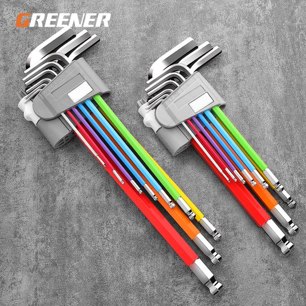 Electric Wrench GREENER Allen Key Set Screwdriver 9pcs Hexagon Spanner Universal Hex 6 Angle Six-Lens Ball Keys Color Hand Tools 230510