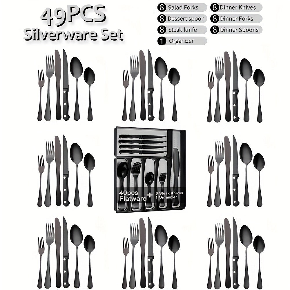 TEMU 49pcs Black Flatware Cutlery Set With Organizer, Tableware Eating Utensils For Kitchen, Restaunrant, Hotel, Included 8 Steak Knives, 8 Main
