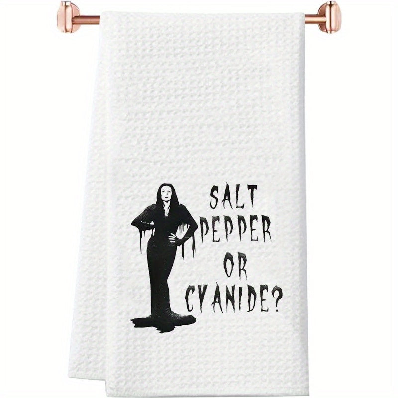 TEMU 1pc 18x26 Inch Halloween Horror Movie Kitchen Towel - Spooky Gothic Cartoon Design With "salt Pepper Or ?" Text, Soft Polyester, Machine
