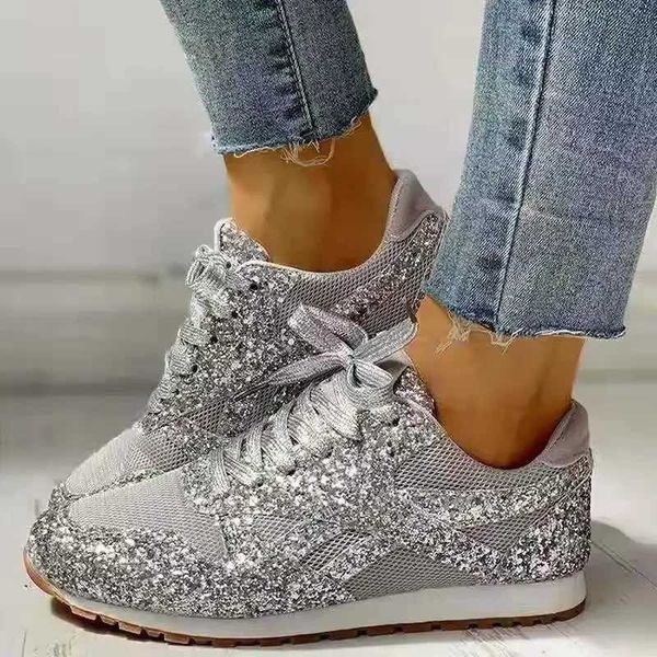 Wen Flat Glitter sneakers casual shiny Vcani shoes Fem mesh lace Up platform Cfort Plus size Fi ladies autumn Y241207
