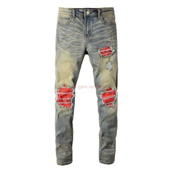 Designer Clothing Amires Jeans Denim Pants Old Beige Trendy Mens Jeans Amr Youth Slim Fit Hole Patch Small Leg Pants Amies Distressed Ripped