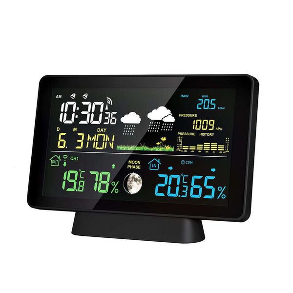 Indoor-Outdoor Wireless Weather Station Thermometer Time Date Radio Signal Air Pressure Moon Phase Rain Gauge Alarm Clock
