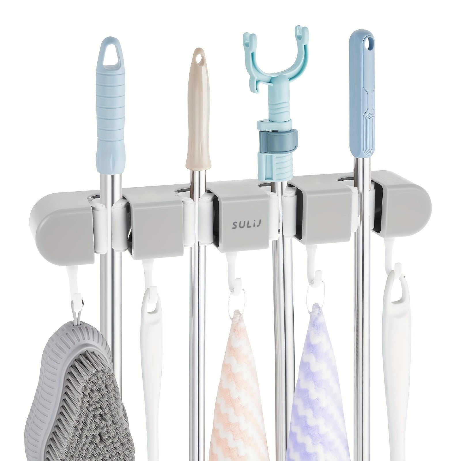 TEMU 1pc No Drill Self-adhesive Wall Mounted Broom Mop Holder With Hooks - Heavy-duty Abs Plastic Broom Organizer For Bathroom, Kitchen, Closet,