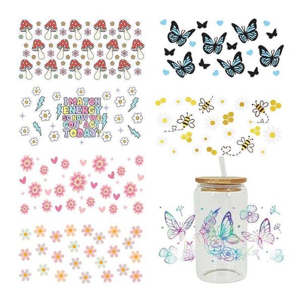 Cartoon Mushroom Flowers Butterflies UV DTF Transfer Sticker For 16OZ Libbey Can Wraps Cup DIY Waterproof Custom Decals D7322 Y240810