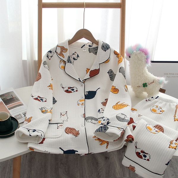 Winter New Thicken Long-Sleeved Trousers 2-Piece Set 100% Cotton Cute Cat Homewear Ladies Pamas Women Sleepwear