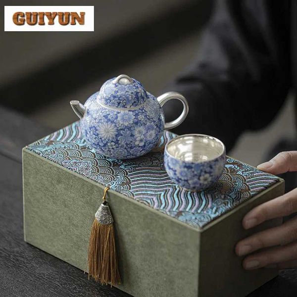 Teaware Sets 999 sterling silver gold-plated blue and white tea set complete set Japanese tea ceremony set teapot and teacup set tea set Q24