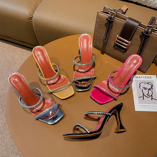 Glitter Slides High-Heeled Shoes Lady Square Toe Ladies&#039; Slippers Jelly Thin PU Crystal Fretwork Rubber Scandals plus size