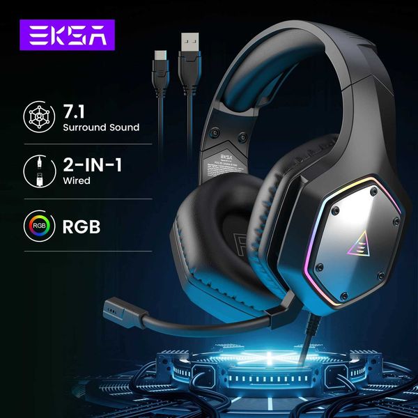 Headsets EKSA E1000 V2 RGB Gaming Earphones 7.1 USB-Type C Wired Headset Gamer with Noise Cancelling Microphone for PC-4-5-Switch CL250107