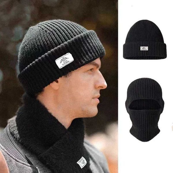 Beanie-Skull Caps 2-in-1 face mask Beanies mens winter Balaclava hat knitted hat full face ski hat bicycle ear mask hat H240904