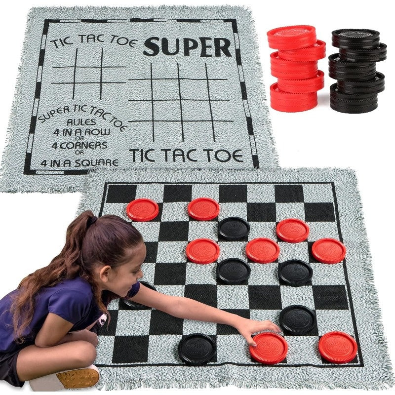 TEMU 3-in-1 Vintage Giant Checkers Toy, Paryt Supplies For Kids, Tic, Tac, Toe, With Reversible Mat, 24 Chips, Family Board Game, Lawn Game, Favor,