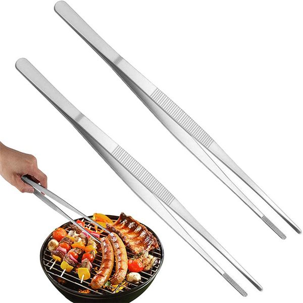 100Pcs-Lot 30cm Toothed Tweezers Barbecue Stainless Steel Long Food Tongs Straight Home Medical Tweezers Garden Kitchen BBQ Tool