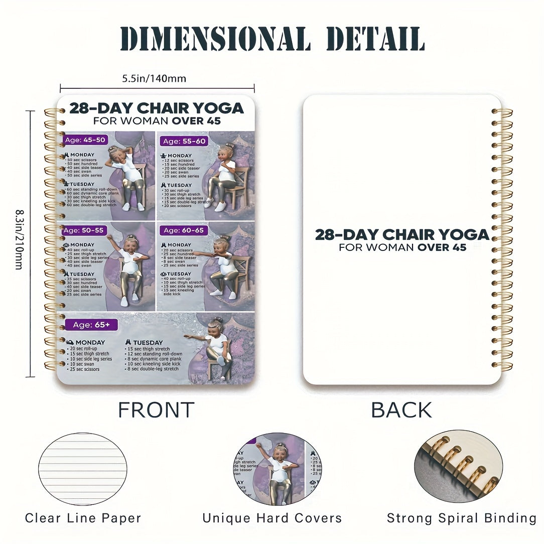 TEMU 28-day Chair Yoga For Women Over 45 - A5 Spiral Notebook With 13.97cm X 21.08cm Thick Cover, 80g Paper, Weekly Planner For Seniors, Beginners &