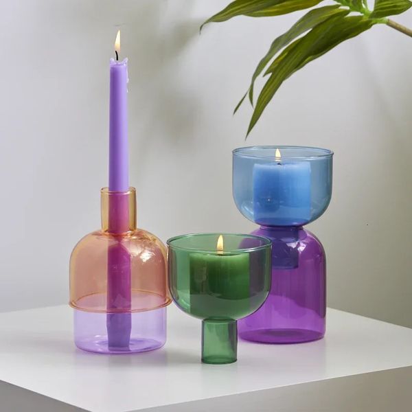 Candle Holder for Pillar Candles Stand Home Decor Colorful Glass Flower Vase Decorative Bottle Jar Storage Bowl Plant Container 240923